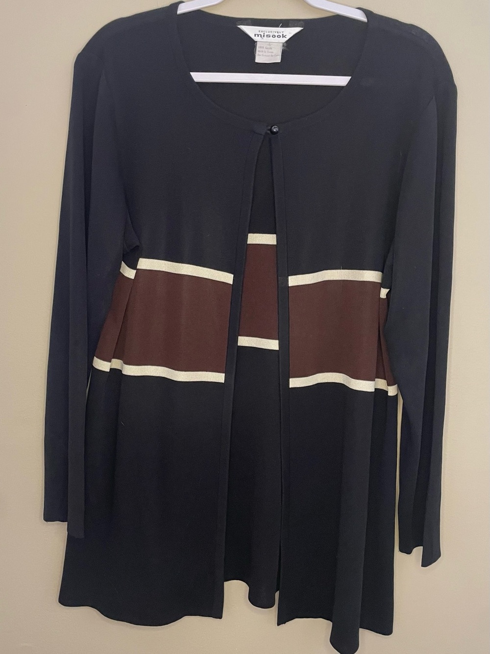 Exclusively Misook Colorblock Black/Brown Knit Open Front Cardigan Size L